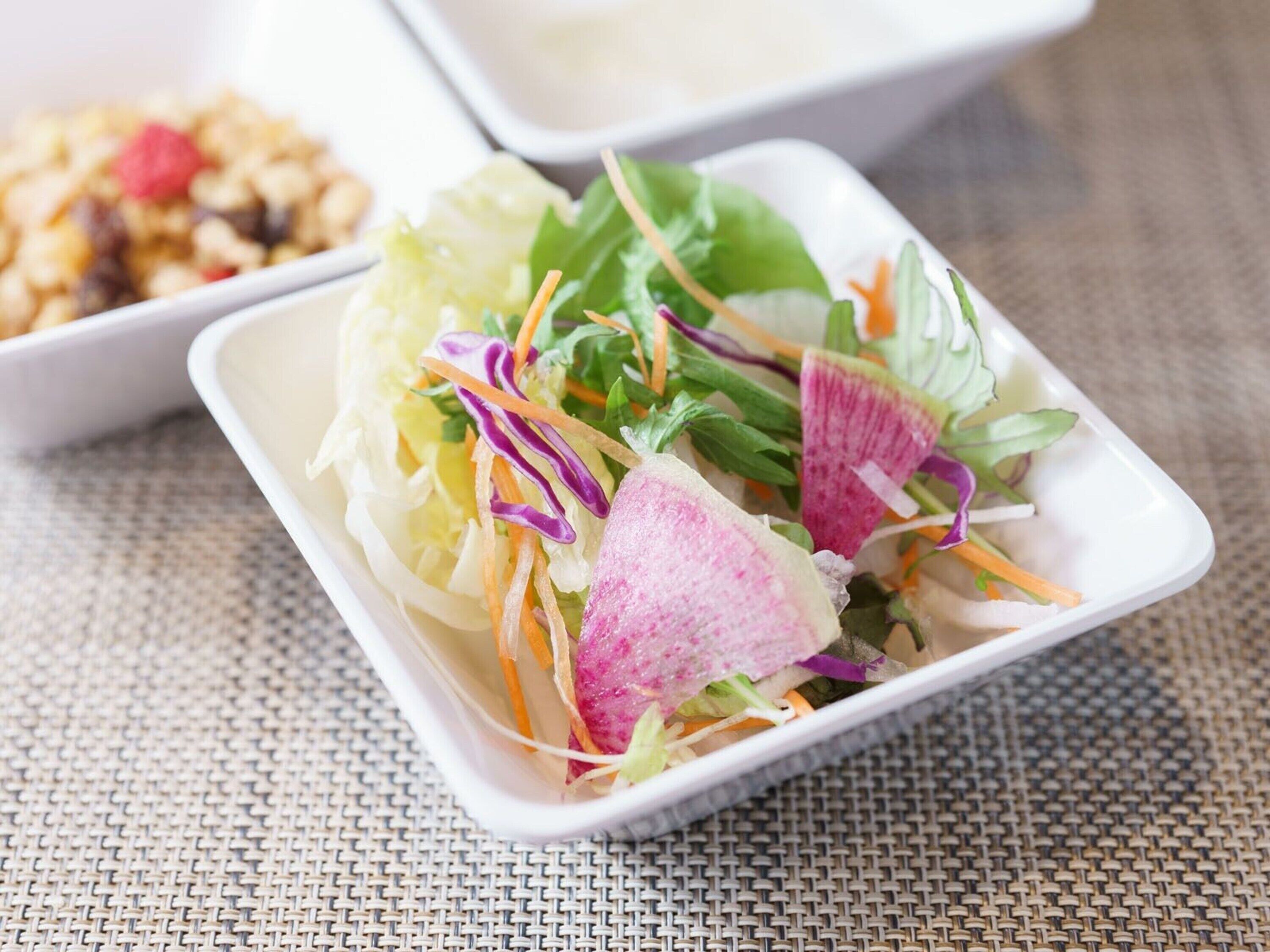 Un plat carré blanc contenant une salade colorée, composée de légumes coupés en julienne et de rondelles de radis.
