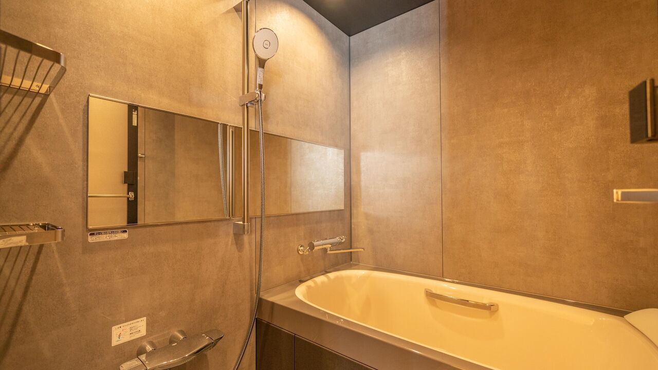 Une salle de bain moderne avec une baignoire, une douche et un miroir.