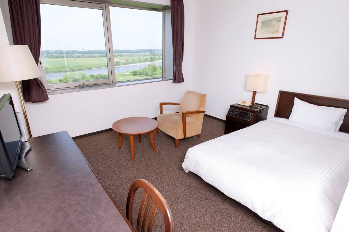 A hotel room with a bed, a desk with a TV, a chair, a small table, a nightstand with a lamp, and a window with a view of a landscape.