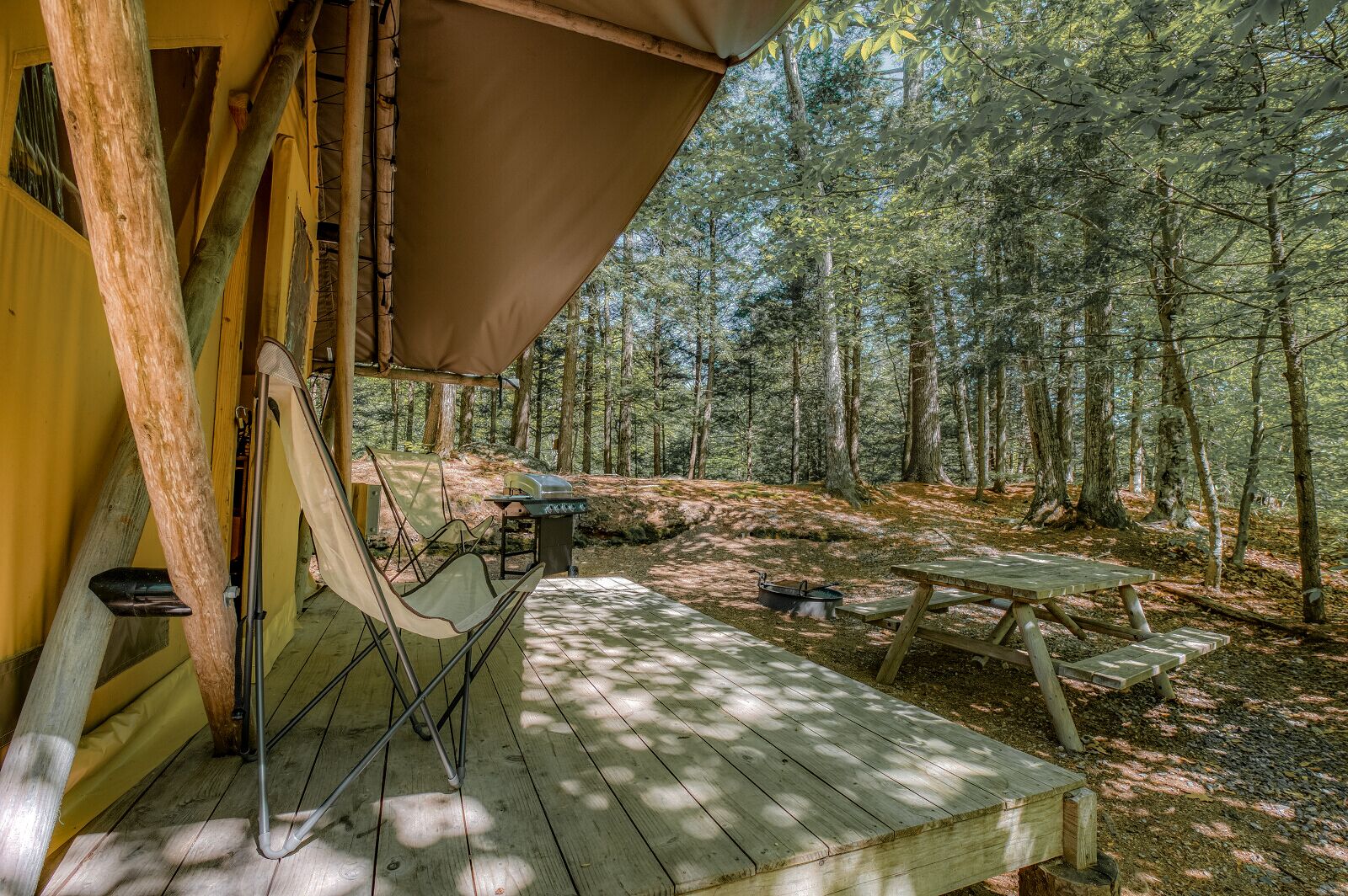 Une terrasse en bois avec une table de pique-nique et des chaises, entourée d’une forêt.