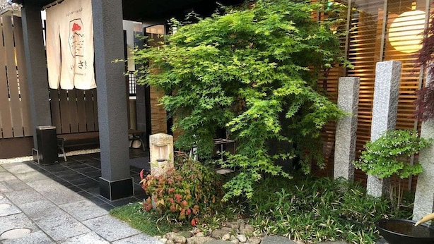 Un jardin japonais traditionnel avec des allées pavées de pierres, un bambou et une clôture en bois.
