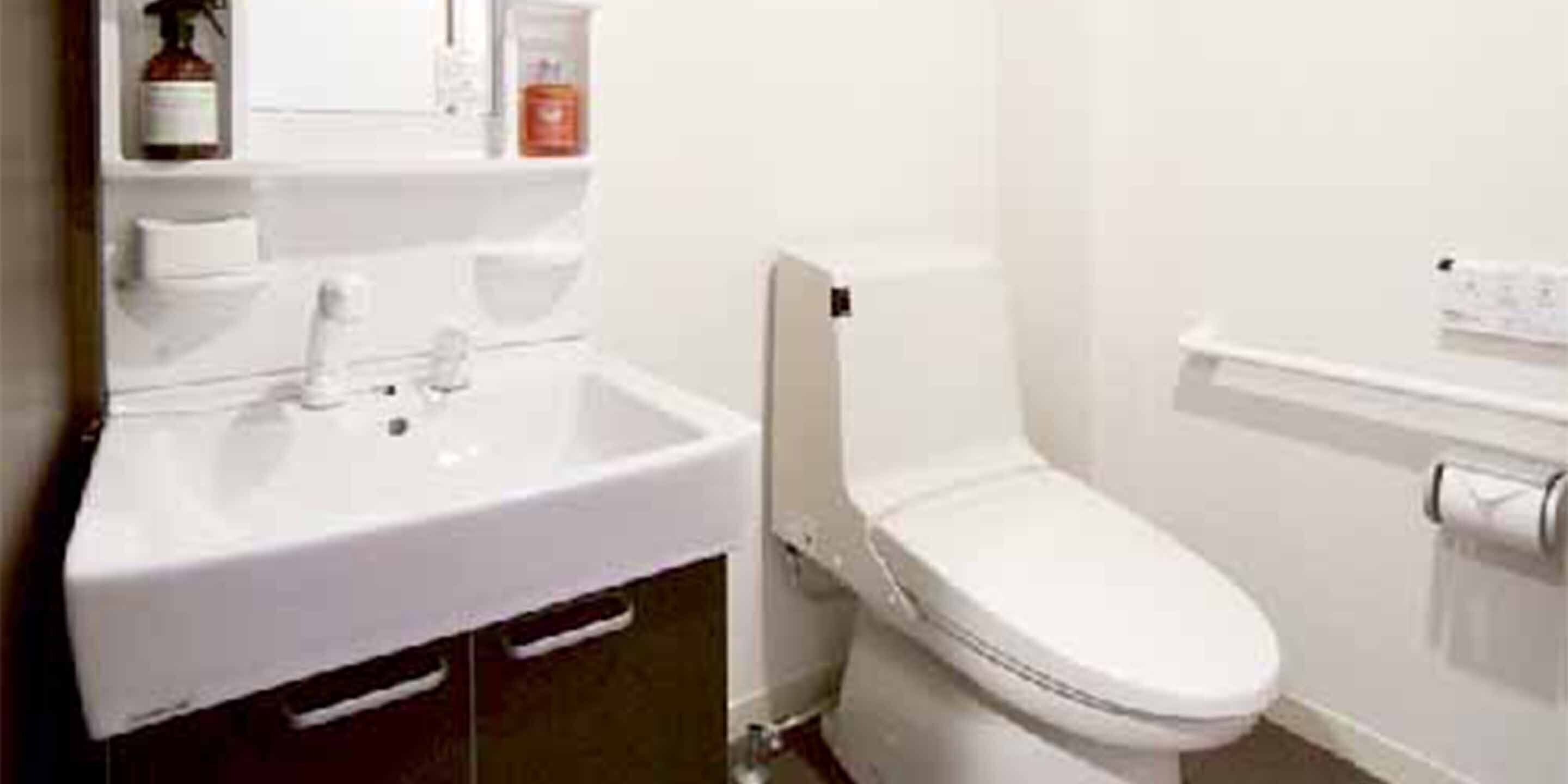 A bathroom with a white sink, mirror, and toilet.