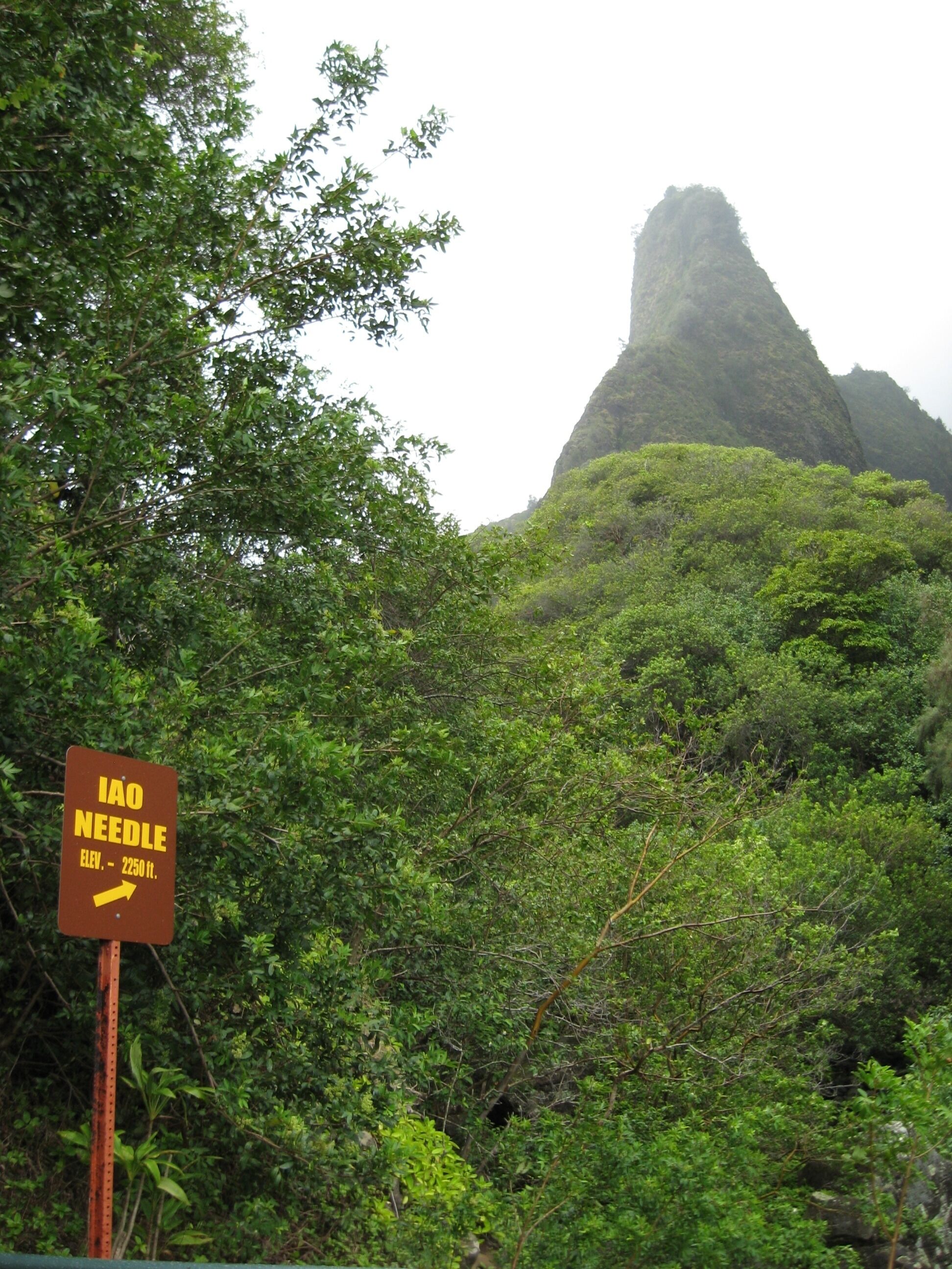 A sign indicating the Iao Needle's elevation at 2250 ft.