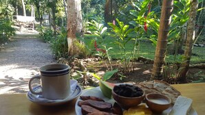 Een maaltijd bestaande uit worstjes, plantains en eieren op een tafel, met een kop koffie, in een tuin met bomen en een pad op de achtergrond.