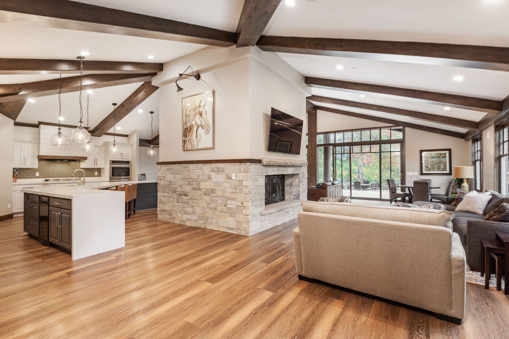 Smart TV, fireplace, books, stereo