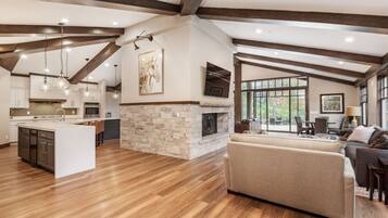 Smart TV, fireplace, books, stereo