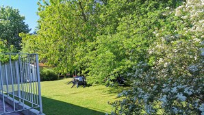 A well-maintained garden with a grassy lawn, a metal fence, and a variety of trees and shrubs. - Apartment (W5) between forest and waves (Kellenhusen (Ostsee))