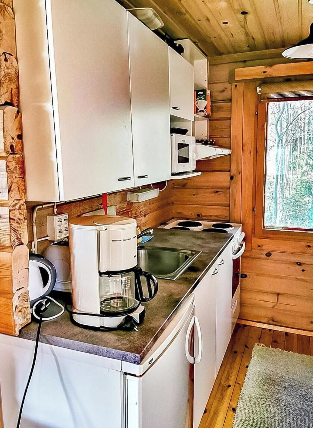 Frigorífico, microondas y utensilios de cocina