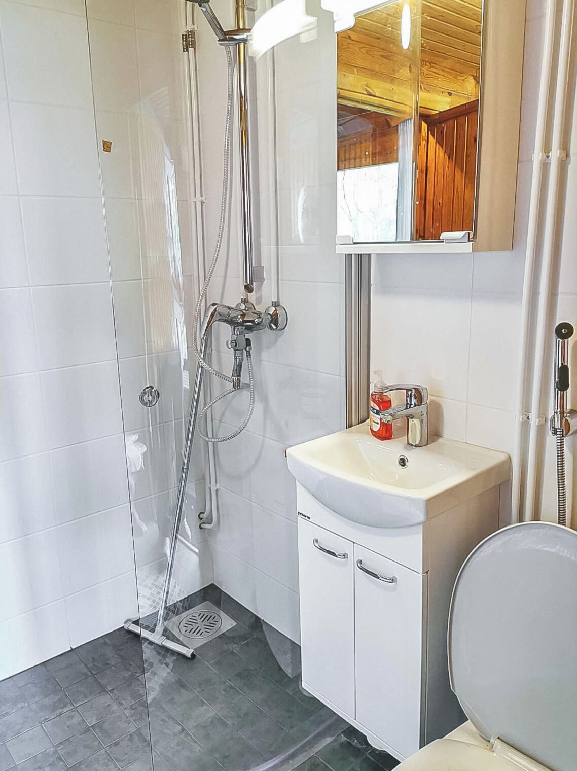 A bathroom with a shower, toilet, sink, and mirror.