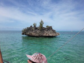 Escape to a serene island getaway surrounded by crystal-clear waters and lush greenery.
