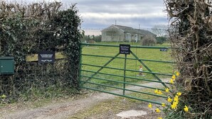 A gated entrance to Blackthorn Meadow with a sign indicating it is part of Hawthorn Lodge. - Visit Wales 4 Star, rural bungalow - Sauna, jacuzzi, play area and Free Wi-fi  (Pontypool near Usk, Panteg)