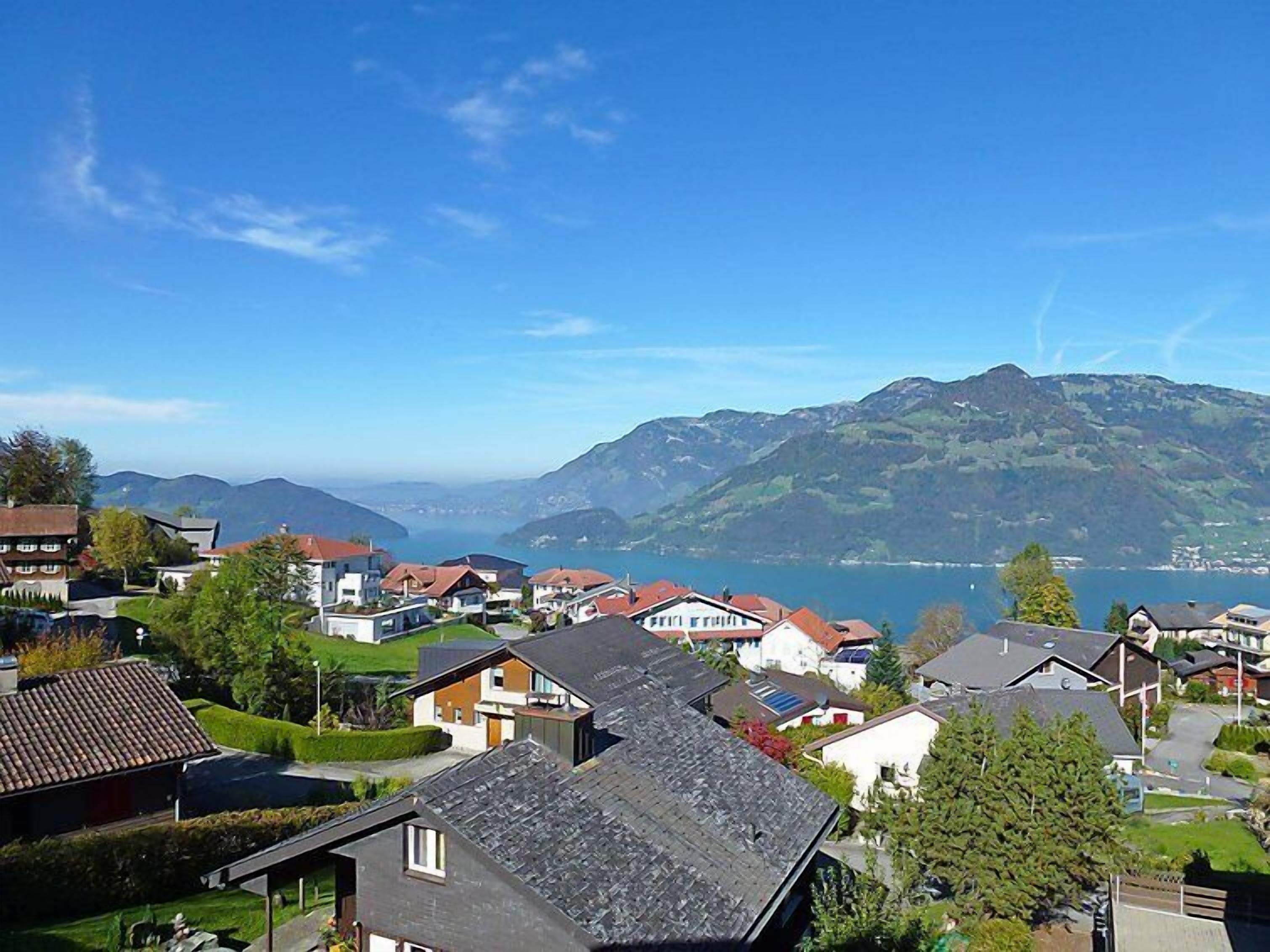 A residential area with houses, a lake, and mountains in the background.