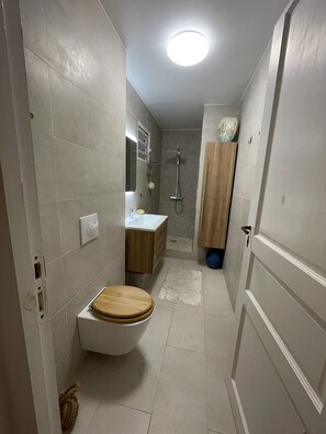 Regadera, toallas, papel de baño 