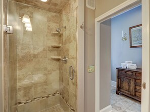 Shower, hair dryer, towels