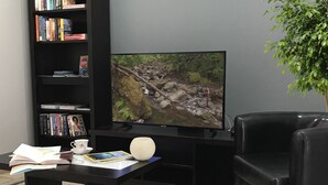 A living room with a black entertainment unit, a flat-screen TV, a black leather sofa, a coffee table with books and a cup, and a potted plant. - Modern Madeira house in Calheta, Madeira (Estreito da Calheta)