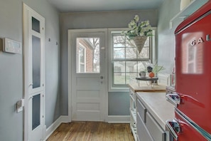 Fridge, coffee/tea maker, toaster, cookware/dishes/utensils