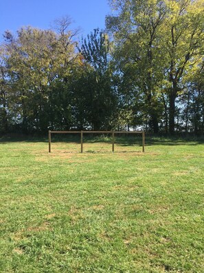 A grassy field with a wooden bench in the center.