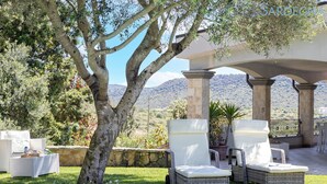 Un espace patio aménagé avec des chaises et une table en osier, entouré de verdure et offrant une vue sur les collines.