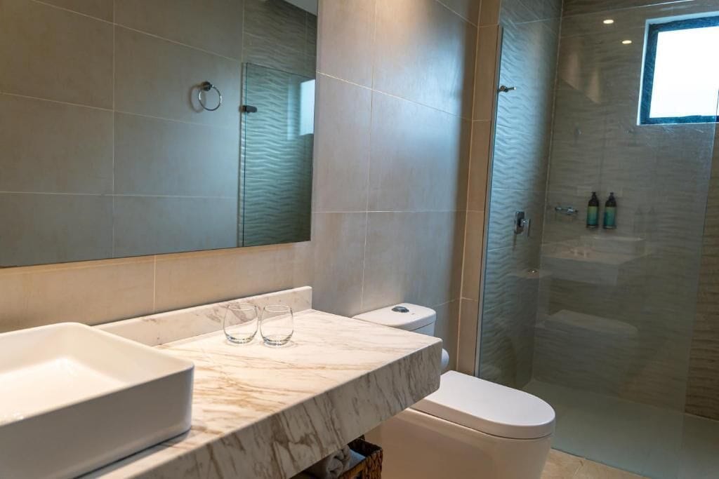 shower, designer toiletries, hair dryer, towels