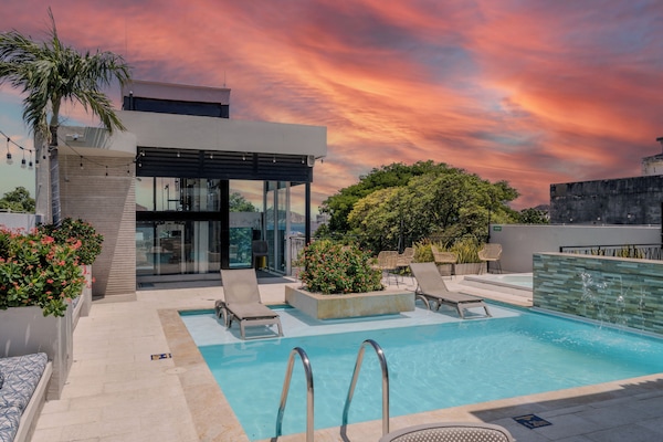 Outdoor pool, pool loungers