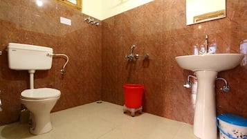 Shower, jetted bath, towels, soap