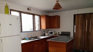A kitchen with wooden cabinets, a refrigerator, a microwave, and a stove. - MONTEVERDE - Comfy, well-equipped House in woods with spectacular view! (Santa Elena)