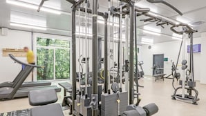 Een sportschool met diverse trainingsapparaten, een loopband en een groot raam met uitzicht op bomen.