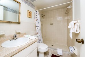 A bathroom with a sink, toilet, shower, and a mirror.