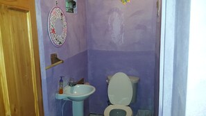 A bathroom with a toilet, sink, and a decorative mirror on the wall. - MONTEVERDE - Comfy, well-equipped  Cottage in woods with view! (Santa Elena)