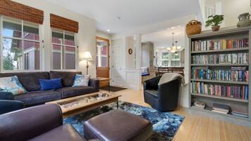 Televisio, takka, DVD-soitin, kirjoja