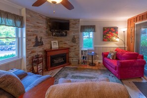 TV, fireplace, DVD player, video library