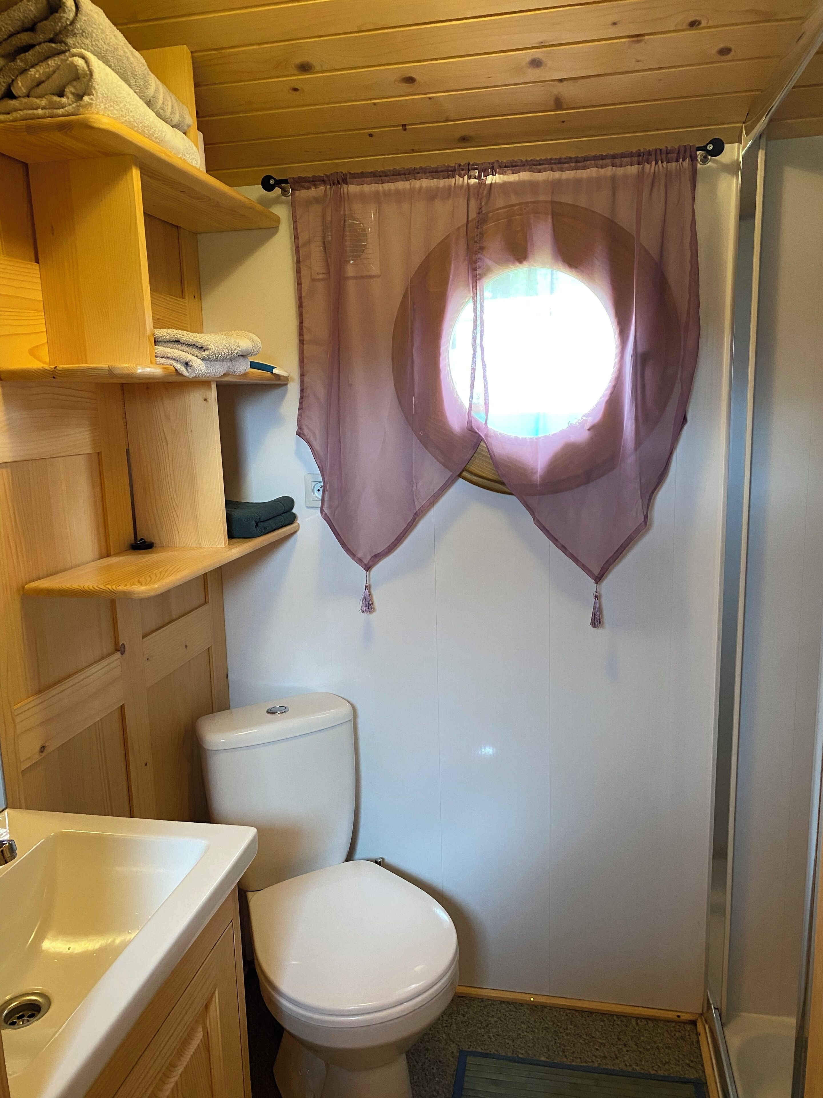 Une petite salle de bain comprenant des toilettes, un lavabo et un espace douche.