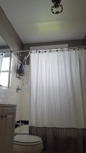 Combined shower/bathtub, hair dryer, towels, soap