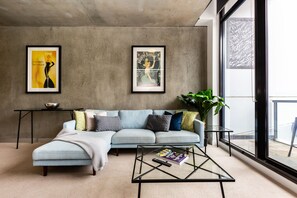 Design Apartment, City View | Living area | TV - Sky 1 BDR South Yarra Apartment (South Yarra)