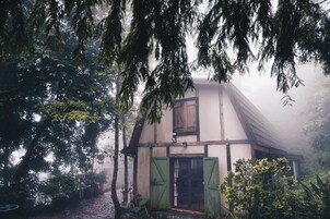 A rustic house with a steep roof, wooden shutters, and a stone foundation, surrounded by dense trees and a foggy atmosphere.