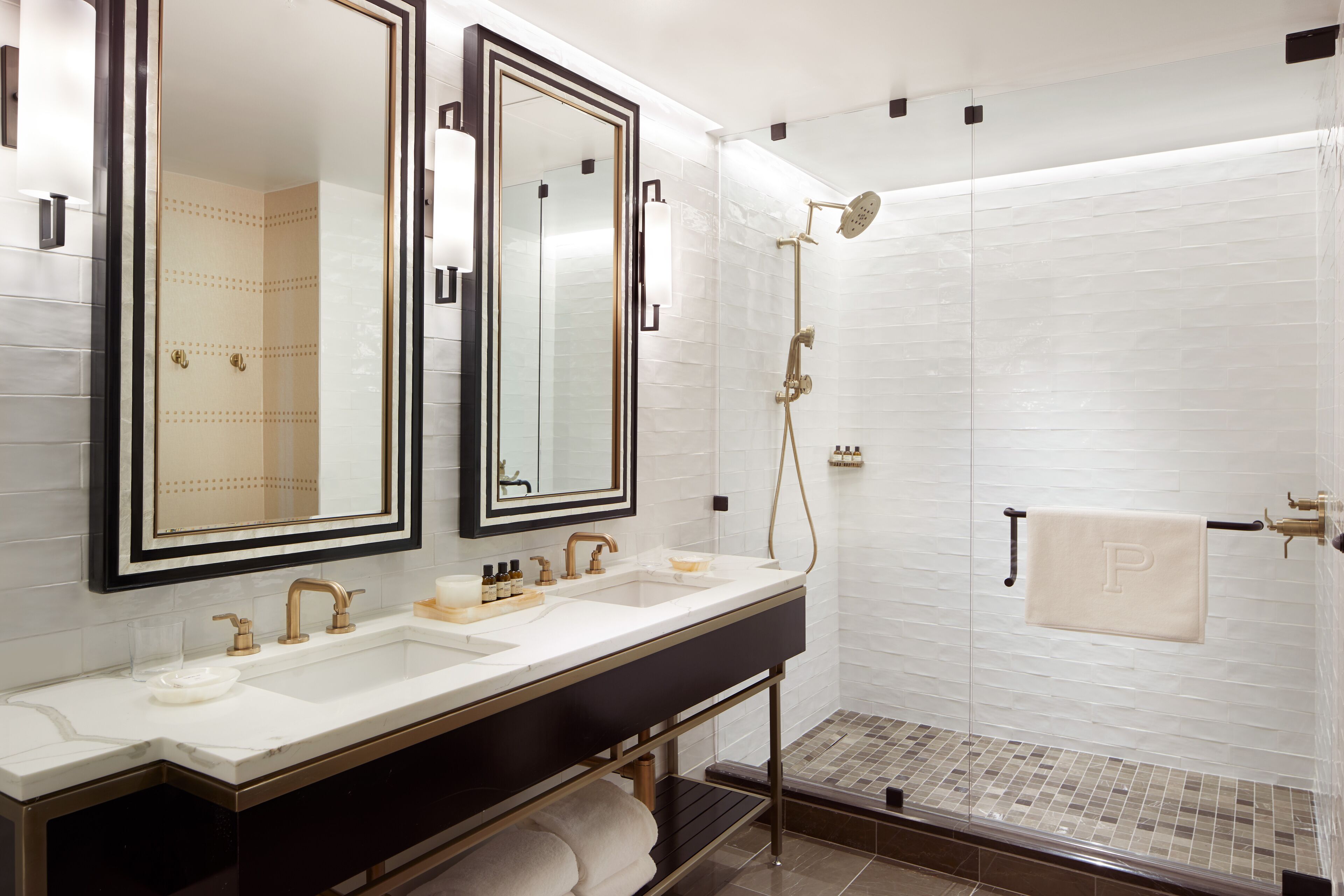 hydromassage showerhead, designer toiletries, hair dryer, bathrobes