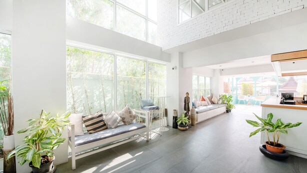 A spacious living area with a white sofa, a dining table, and potted plants.