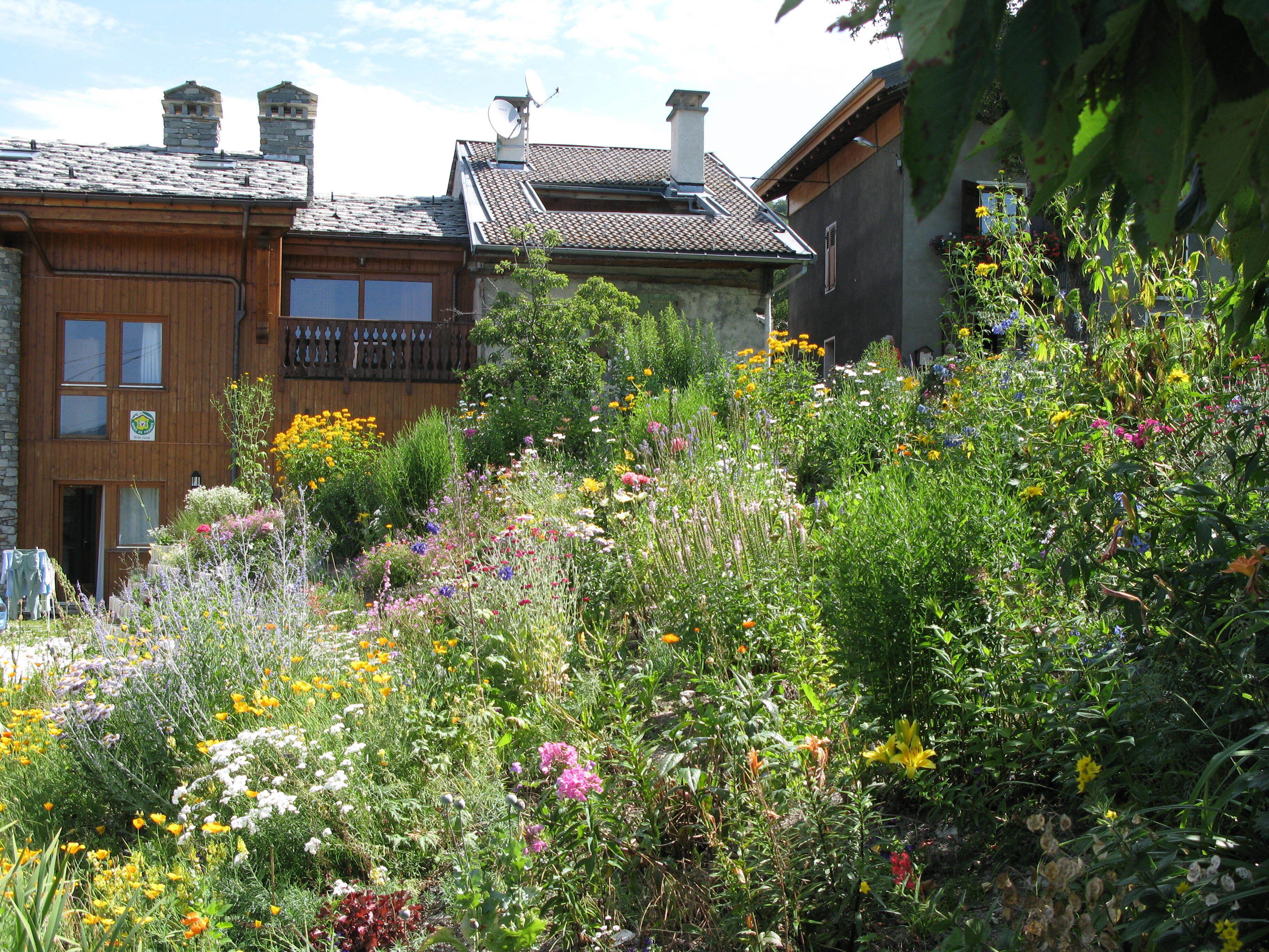 A building with a wooden facade and a balcony, surrounded by a garden with various wildflowers.