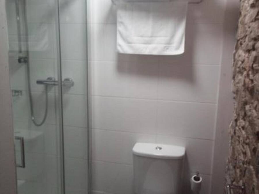 A bathroom with a glass-enclosed shower, a toilet, and a towel rack with a roll of toilet paper.