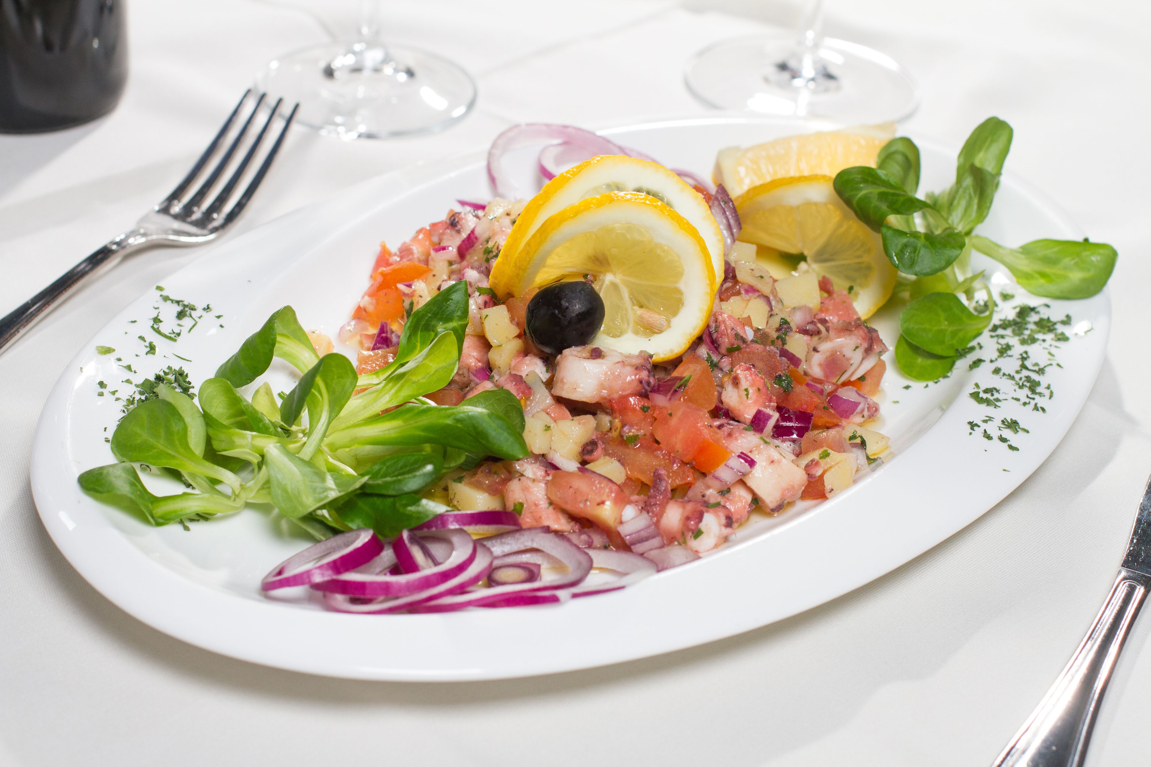 A white plate with a salad, lemon slices, and red onion rings.