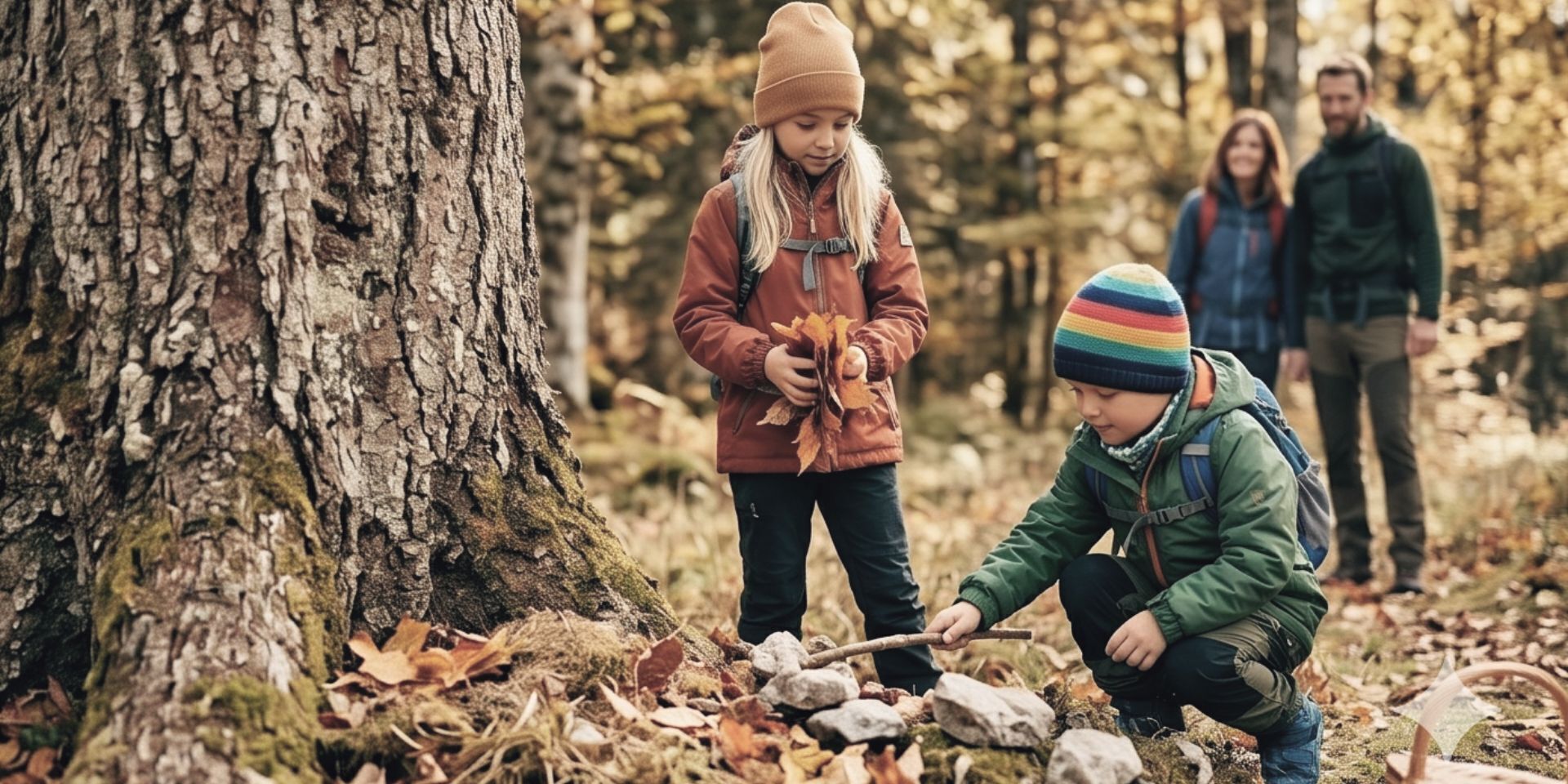 Une scène de forêt avec un arbre, un enfant tenant des feuilles et un adulte en arrière-plan.