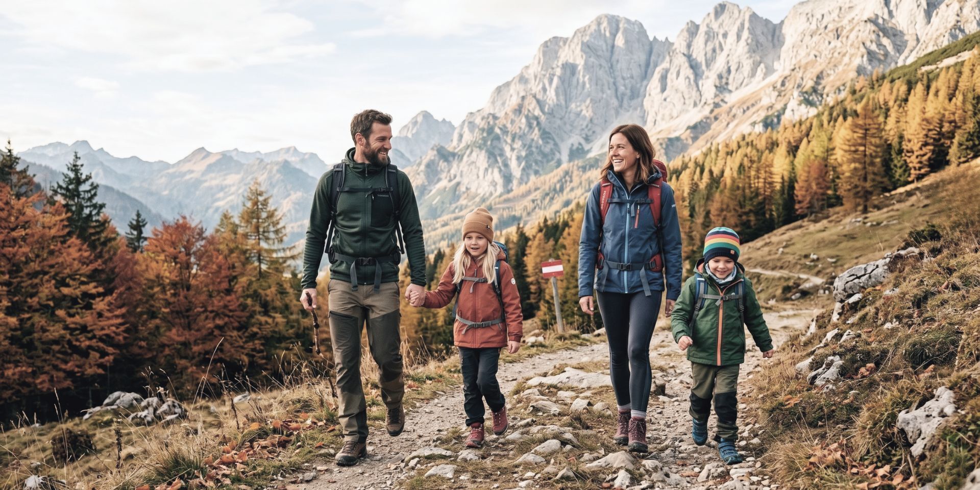 Une famille se promène sur un sentier de montagne, avec un terrain rocailleux et des montagnes boisées en arrière-plan.