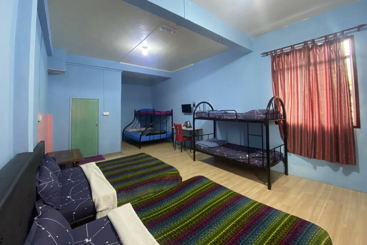A dormitory room with bunk beds, a desk, a chair, and a television.