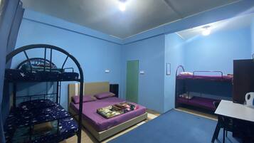 A dormitory room with bunk beds, a desk, and a green door.