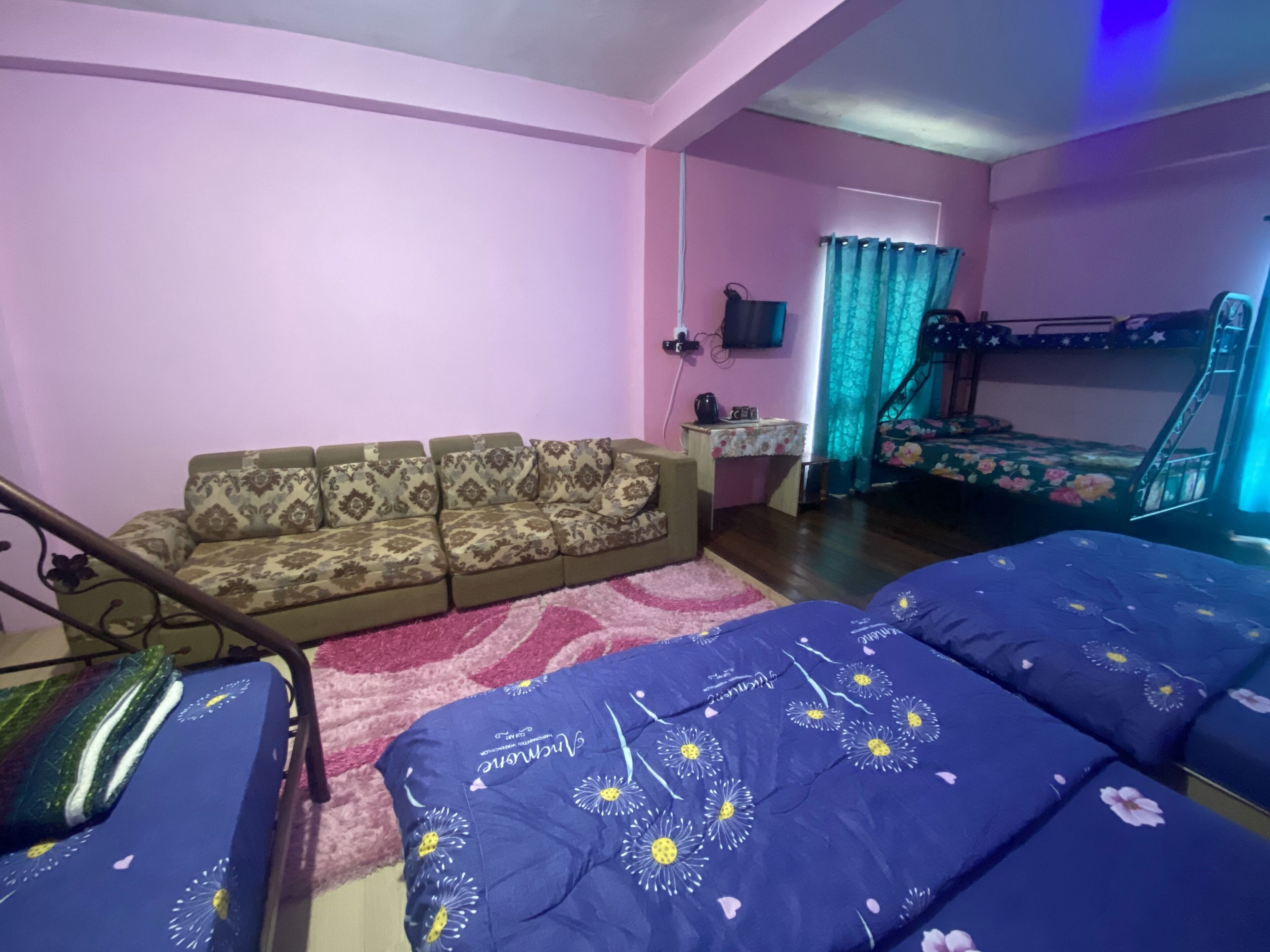 A room with a sofa, bunk beds, a desk, and a TV.