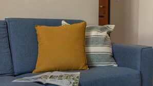 A blue sofa with two pillows, one mustard-colored and one with a checkered pattern. - Manzoni Apartment (Roseto degli Abruzzi)