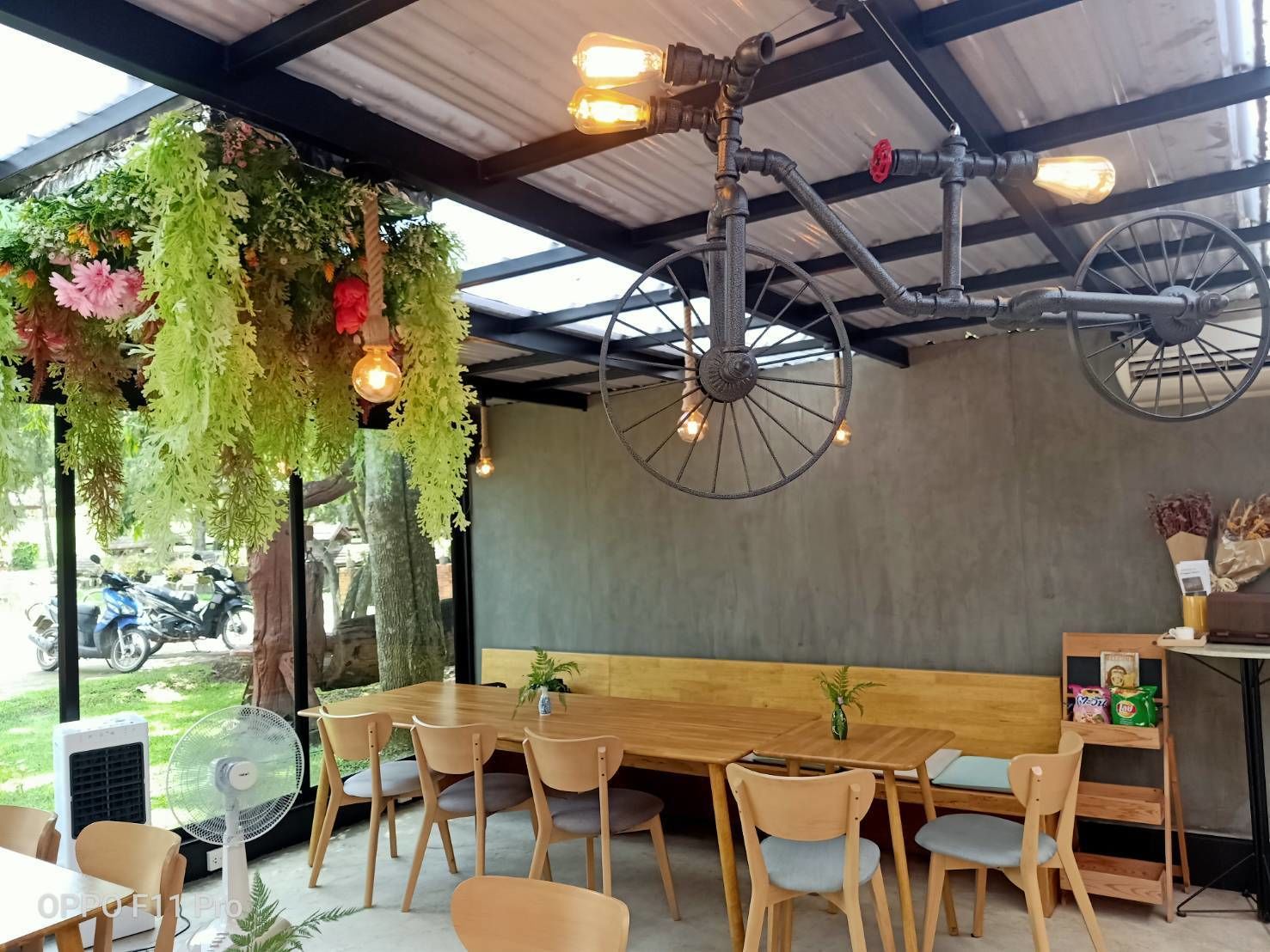 A restaurant with a wooden table and chairs, hanging plants, and a bicycle light fixture.