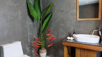 Un baño con inodoro blanco, lavamanos con gabinete de madera, espejo y planta de hojas verdes grandes y flores rojas.