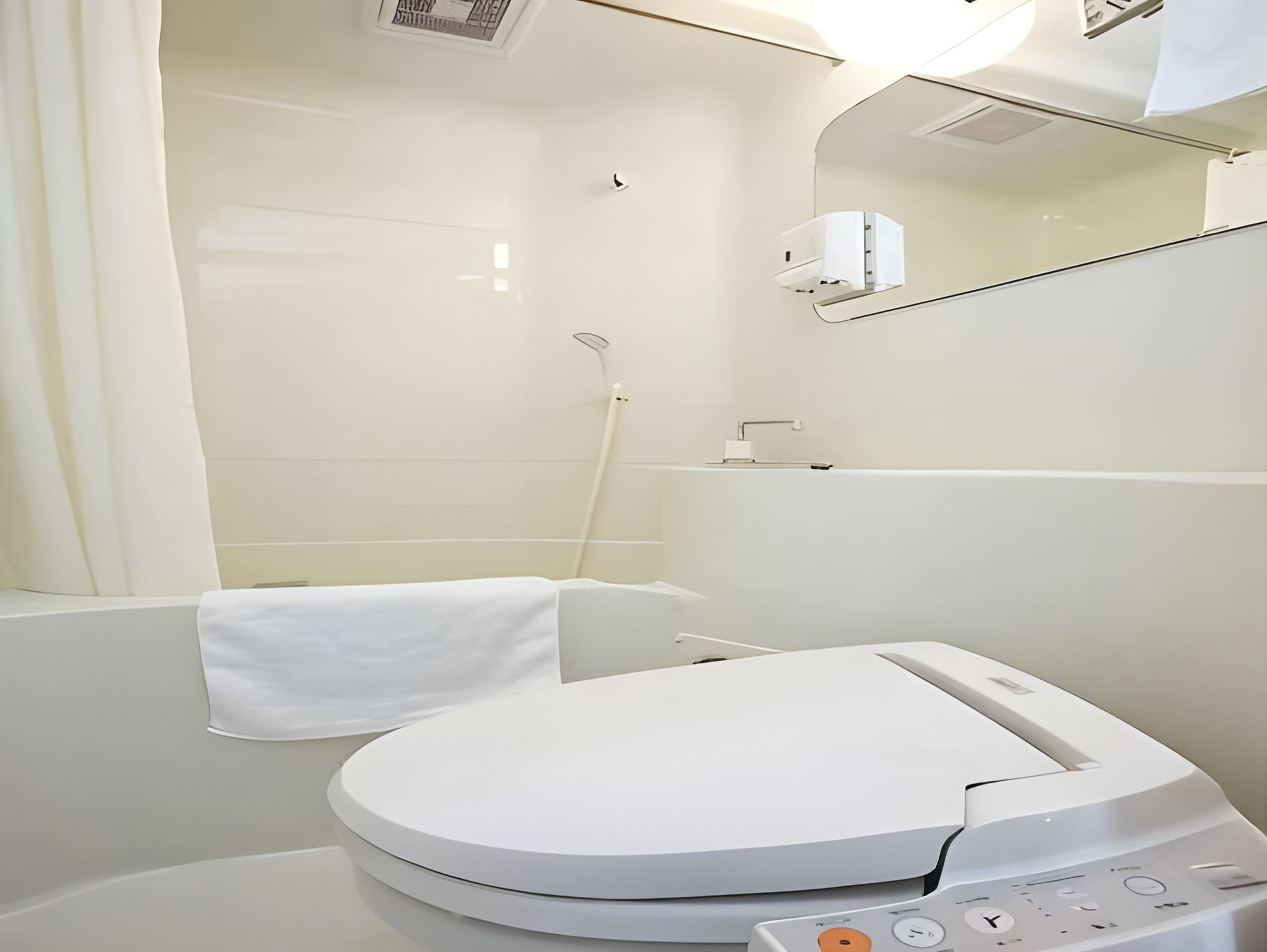 A modern bathroom with a toilet, a shower, and a mirror.