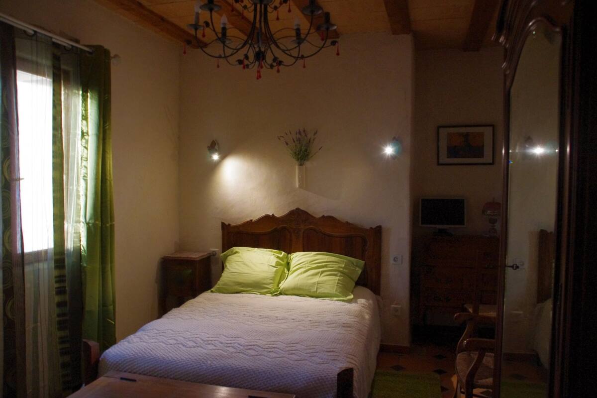 Une chambre à coucher avec un lit en bois, une table de chevet, une commode, un miroir et un lustre.